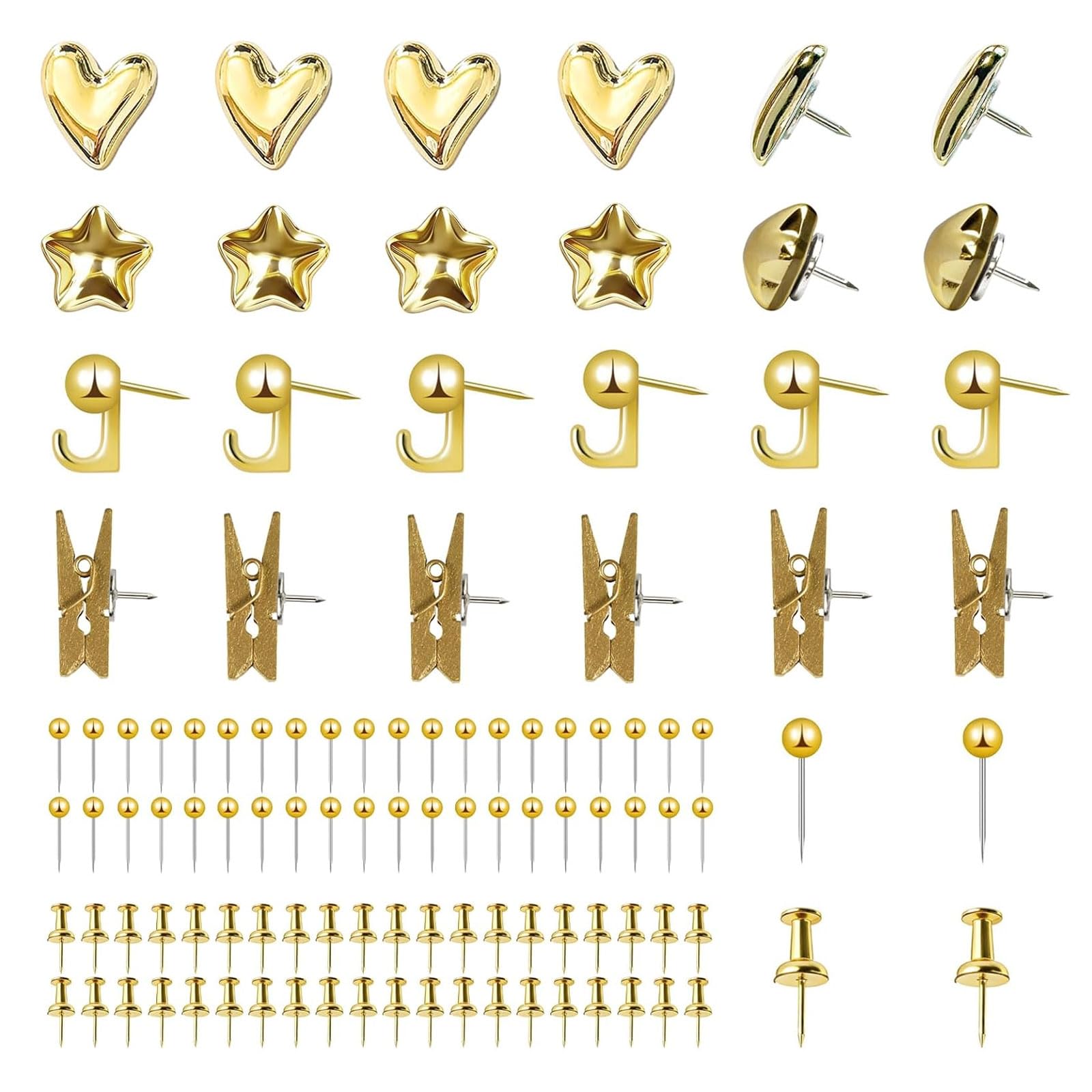 Jafaharug 100 Pcs Gold Push Pins Set, Metal Thumb Tacks, Decorative Push Pins for Cork Board with Hook Clip, 6 Style Office Accessories for Map