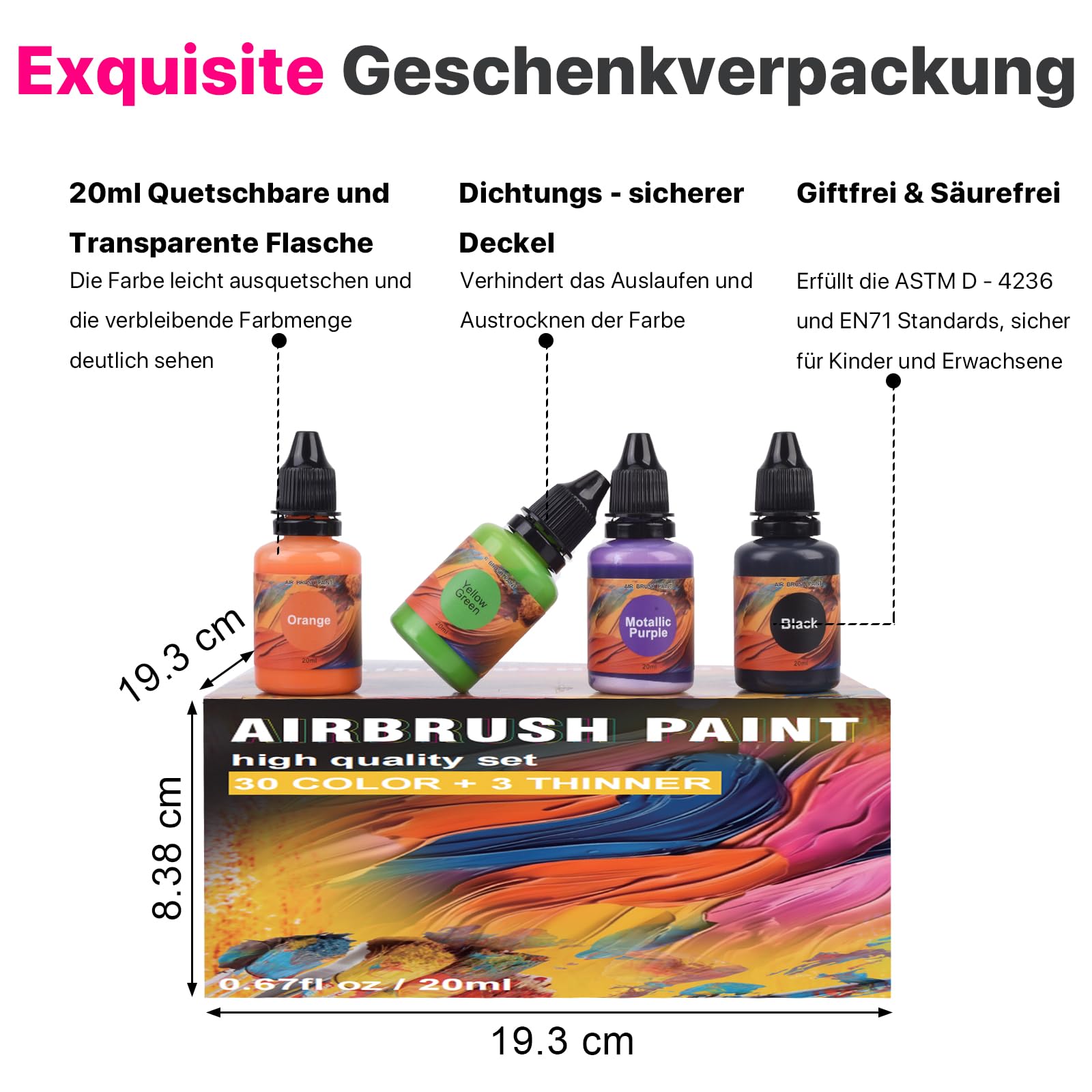 Gocheer Upgrade Airbrush Farben Set - 30 Farben und 3 Metallischen Farben mit 3 Verdünner, 20ml/Flasche, Airbrush Farbset, Acryl Luftpinselfarben auf Wasserbasis für Metall, Kunststoffmodelle