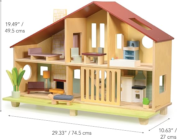 Mentari Toys - Cedar Chalet - Mid-Century Modern Dollhouse for Kids - Fully Furnished, Sustainable Rubberwood, Educational Toy for Toddlers & Preschoolers Age 3+