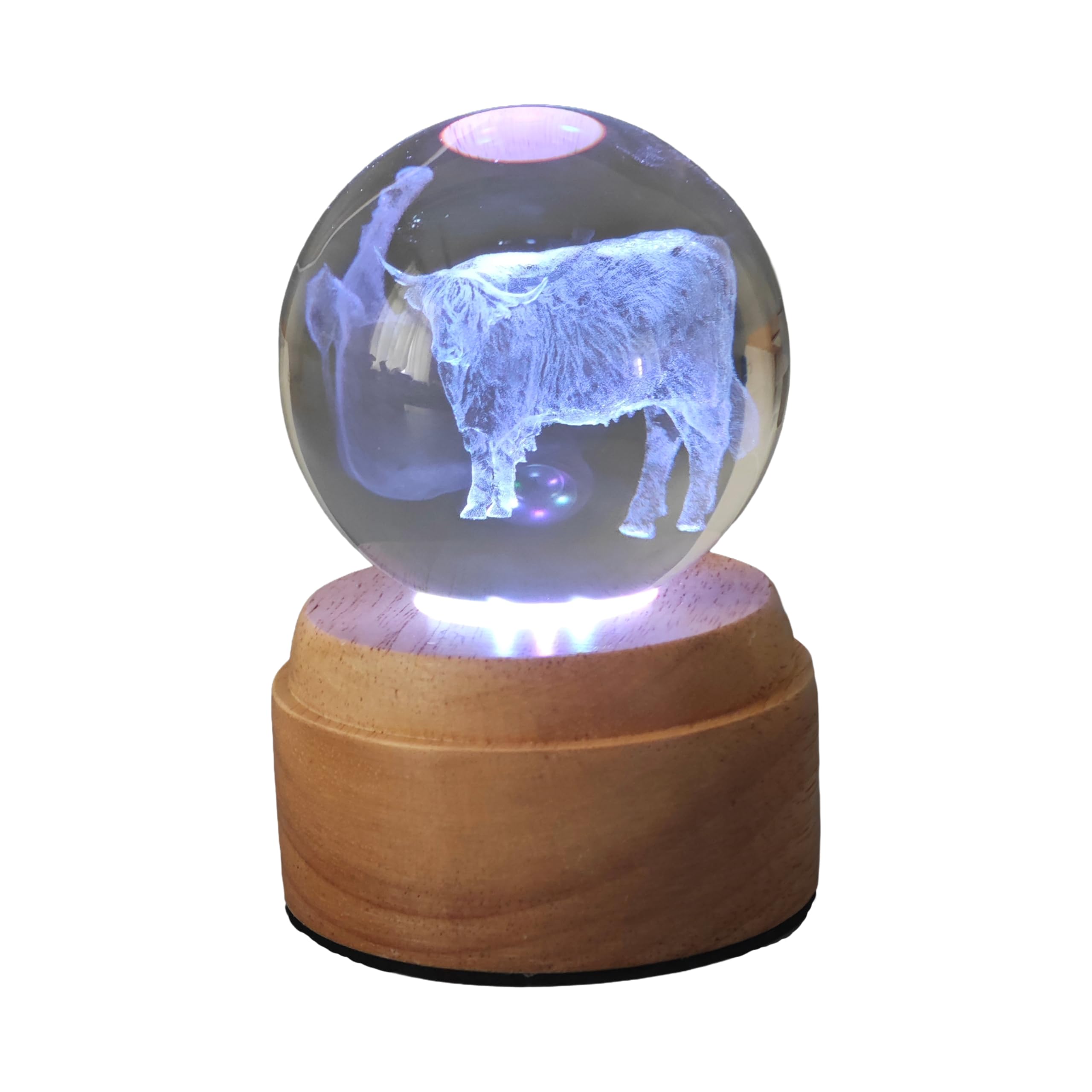 Creative Touch Highland Cow Rotating 3D Crystal Globe Light, Colour Changing LED USB Powered Mood Lamp with Real Wood Base, 12cm Desk & Bedside Decorative Light