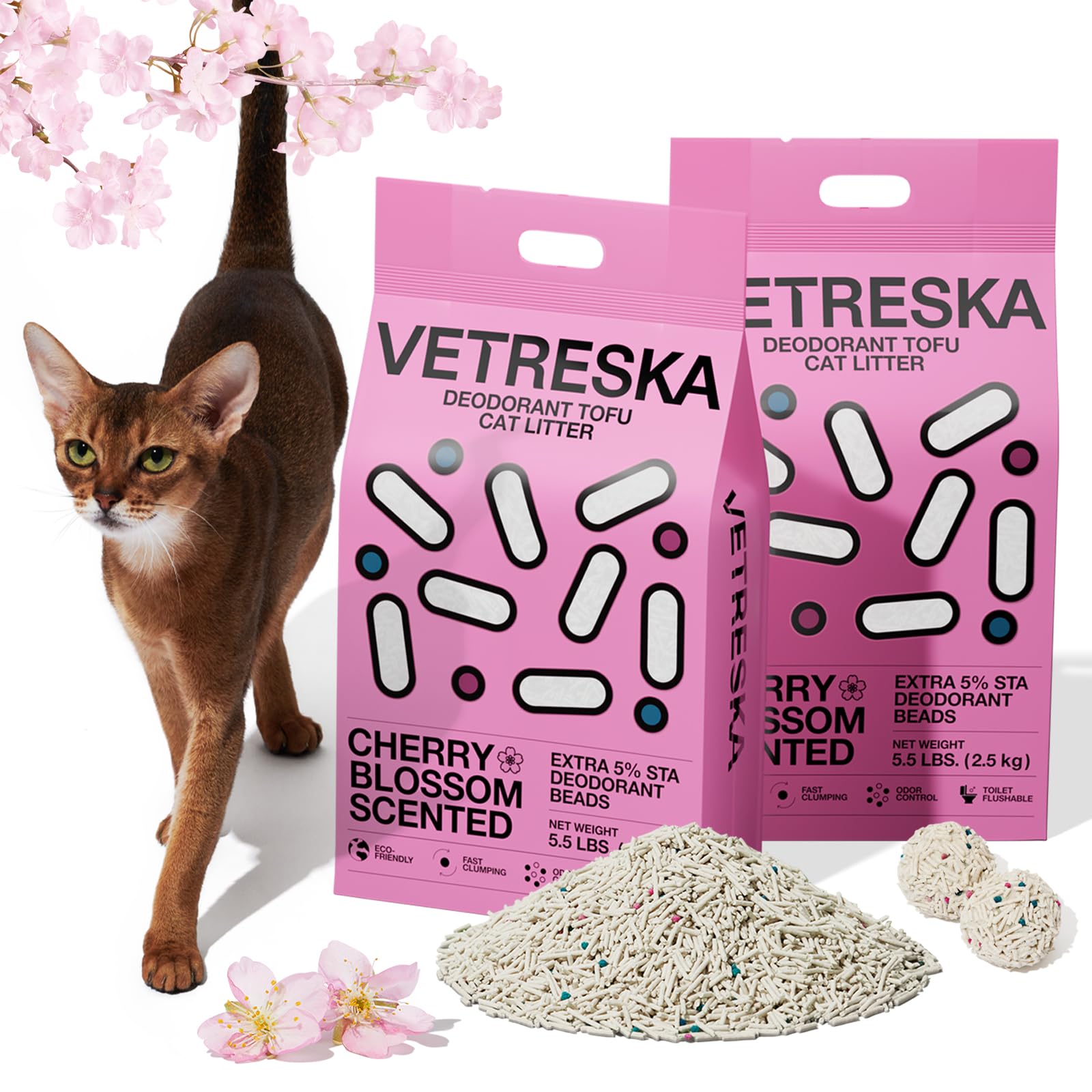 VETRESKACherry Blossom Tofu Cat Litter,Natural Kitty Litter Strong Clumping Flushable Cat Litter Pellets Ultra Absorbent,Dust-Free,Low Tracking,Deodorant Tofu Litter Compostable(5.5lb×2bags)