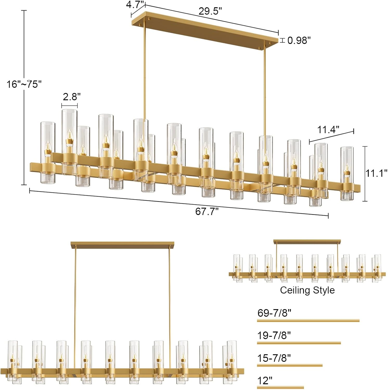 Brass Kitchen Island Lighting-20-Light Linear Chandelier, Adjustable 67.7'' Modern Farmhouse Rectangle Pendant Light Fixtures, Dining Room, Bedroom 67in-20-Light-Linear 2-Gold
