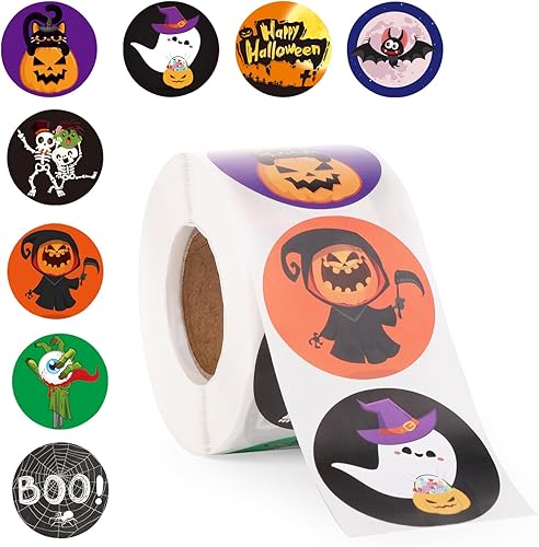 500 calcomanías de Halloween de 1.5 pulgadas, 8 colores y diseños, calcomanías redondas de Halloween, calcomanías de calabaza, murciélago, araña,