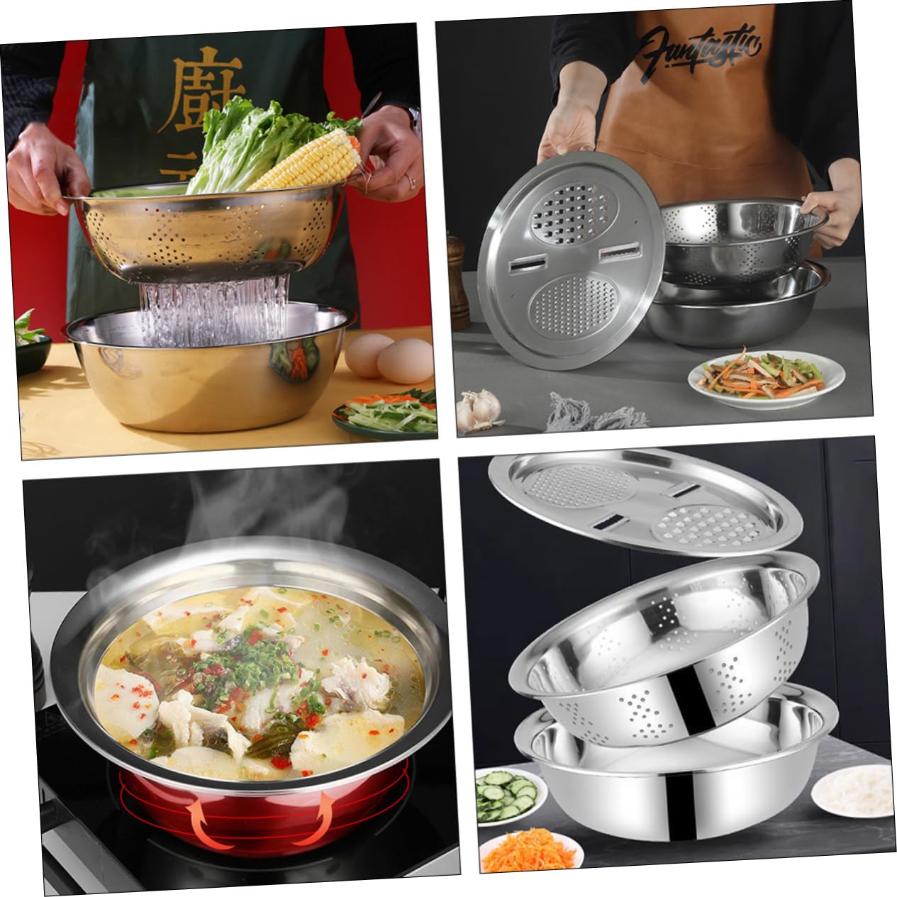 Colador de Verduras y Frutas de Acero Inoxidable 3 Piezas Diseño de Drenaje Adecuado para Cocina y Amasado Estilo Aleatorio