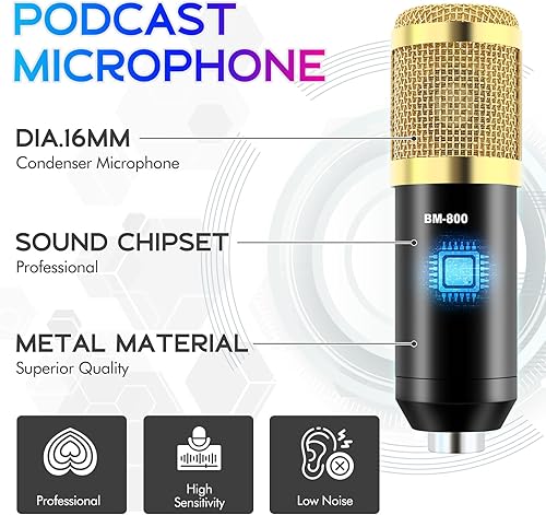 Miniatura 2 de ALSO GO Paquete de equipo de podcast, equipo de podcast con micrófono BM-800 (dorado) y tarjeta de sonido F998, equipo de estudio de grabación para