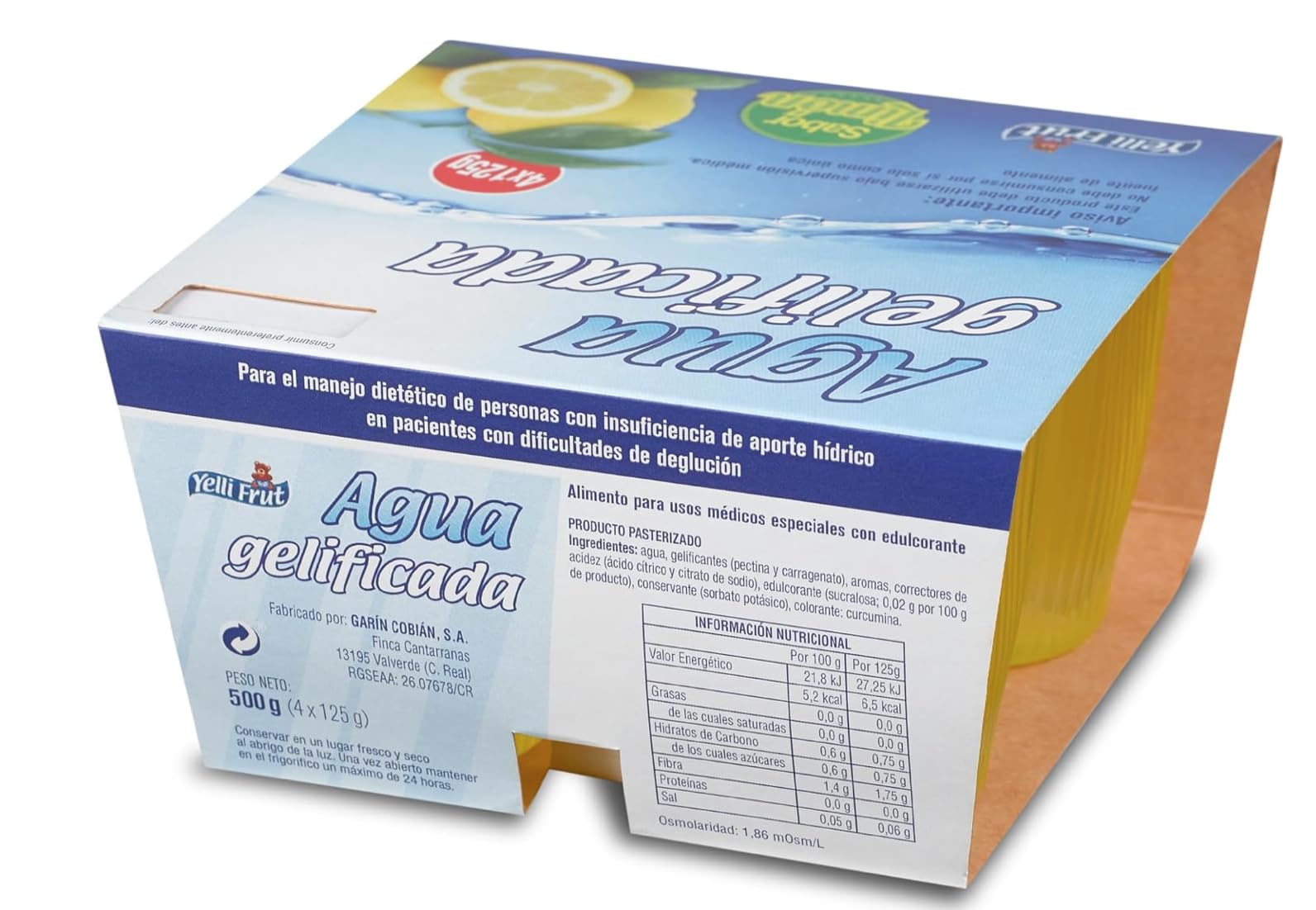Agua gelificada. Espesante para disfagia. 3 Sabores en tarrina 125 gramos. Pack de 6x4 = 24 tarrinas. Agua gelificada disfagia sabores. Aguas gelificadas para hidratar con plena seguridad. (24, Limón)