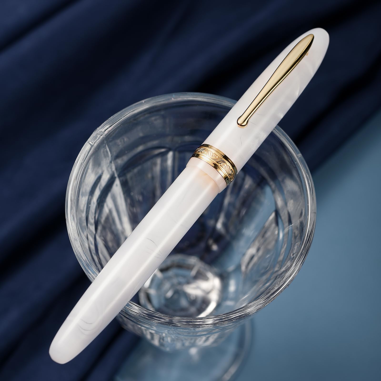 Hong Dian N9 Extra Fine Gold Trim Jade White Acrylic Fountain Pen with Converter and Metal Pen Box
