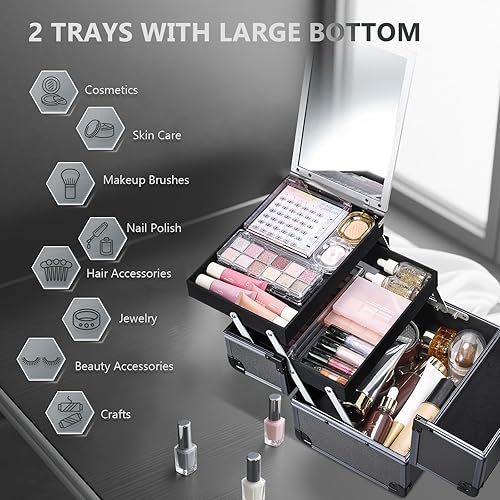 Vista 35 de Joligrace Estuche organizador de maquillaje, caja de maquillaje portátil para cosméticos, estuche de almacenamiento duro con 2 bandejas de bloqueo