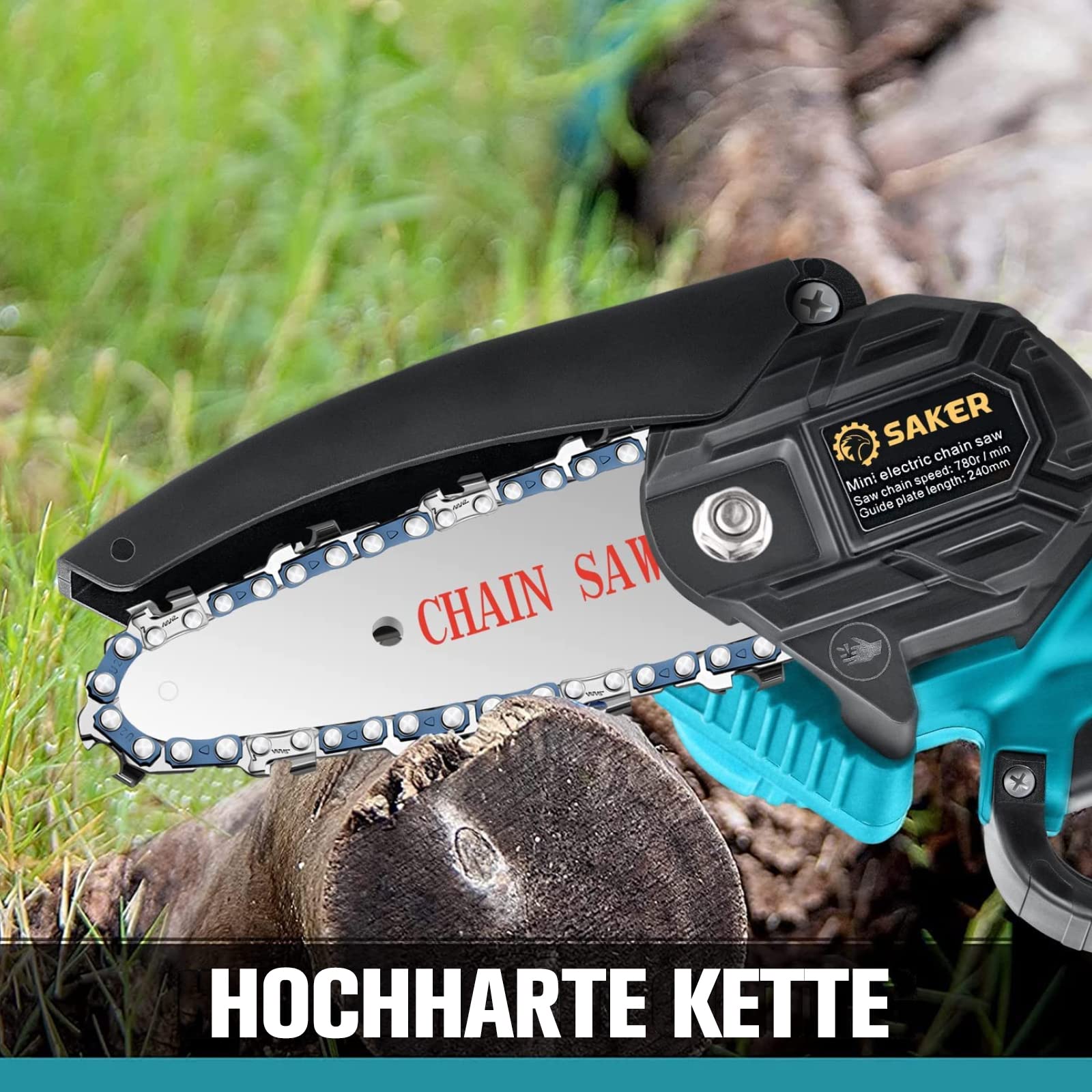 Saker Mini tronçonneuse avec batterie 4 pouces, tronçonneuse électrique sans fil avec 1 chaîne et 1 batterie, 10 cm avec bouton de sécurité tronçonneuse à une main batterie