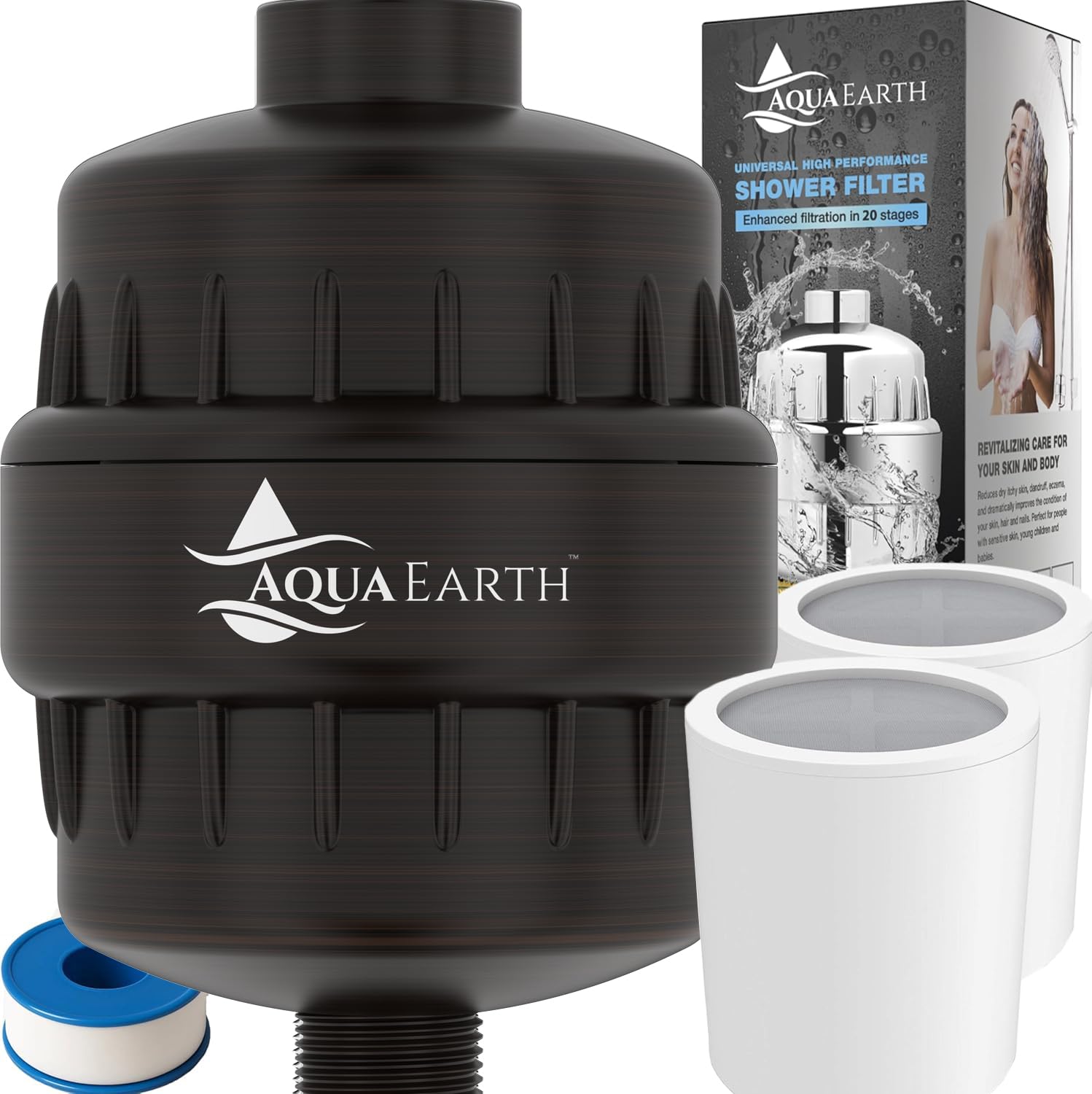 Aqua Earth Shower Head Filter For Hard Water Oil Bronze 20 Stages to Remove Chlorine Fluoride Water Softener Coconut Shell Activated Carbon Reduces Dry Itchy Skin Heavy Metals Other Sediments