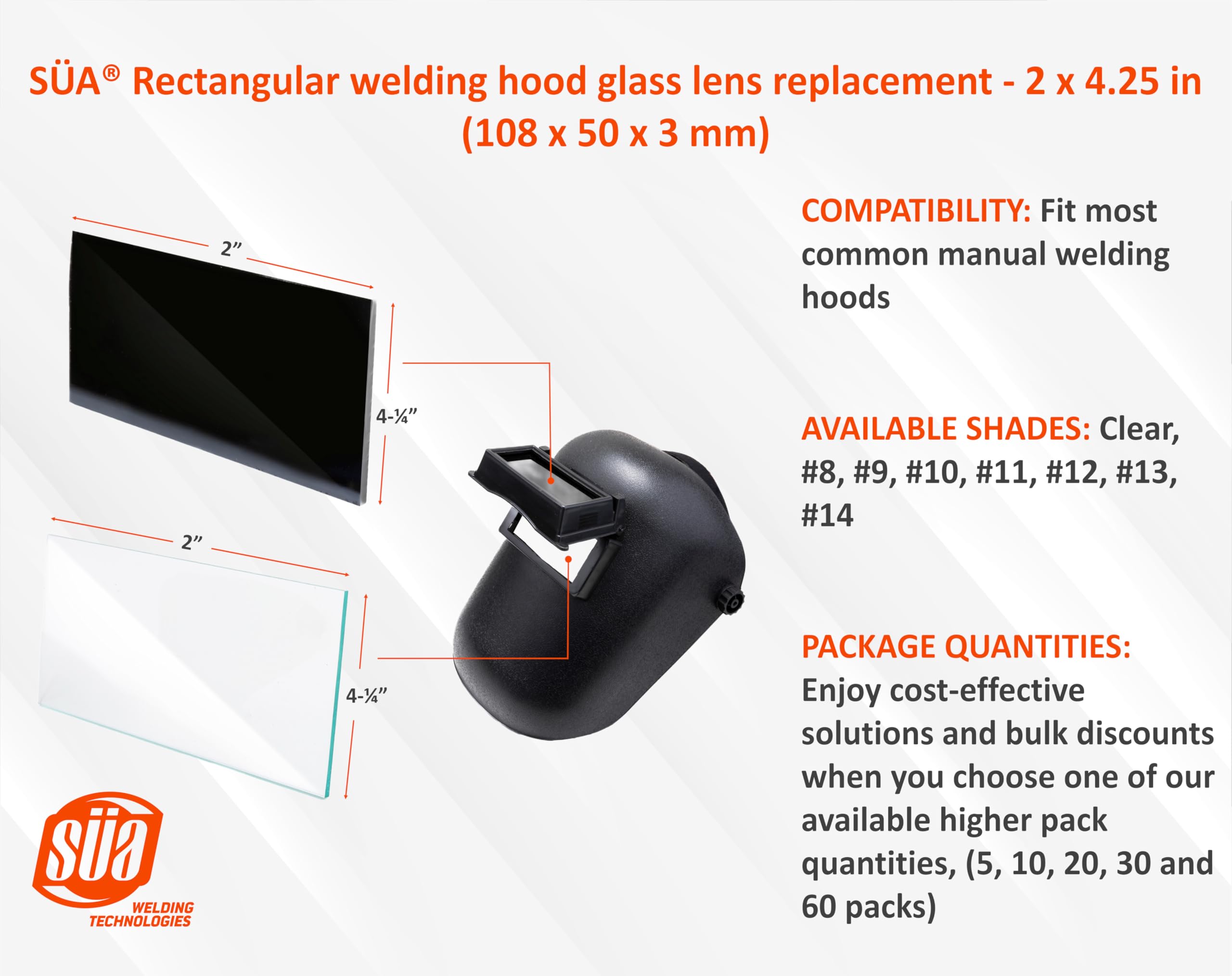 SÜA - Rectangular welding helmet/hood protective glass lens filter replacement - 2 x 4.25 in (108 x 50 x 3 mm) - Shade: 13 (30 Pack)