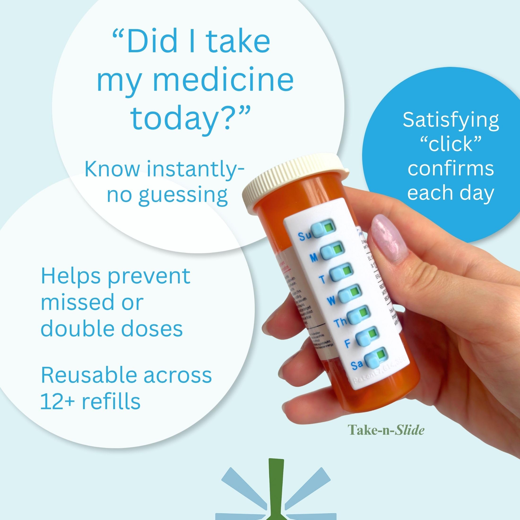 Take-n-Slide - Paquete de 5 rastreadores de medicamentos y recordatorios, reutilizables para despegar y pegar, se adhieren a tu botella, medicamentos para 7 días, vitaminas, mascotas, organizador de