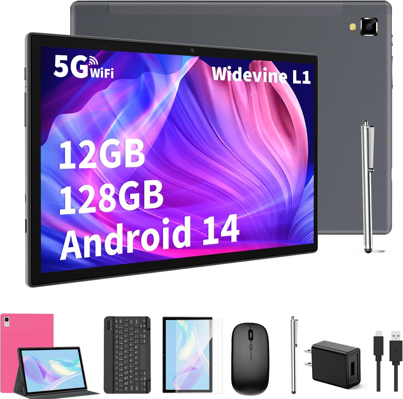 Android Tablet with Keyboard,10 inch Android 14 Tablets, 12GB RAM 128GB ROM, 1TB Expand, 8000mAh, 2.4G/5G WiFi, Bluetooth, GMS Certified, with Case, Mouse, Stylus Tablet PC (Pink Case)