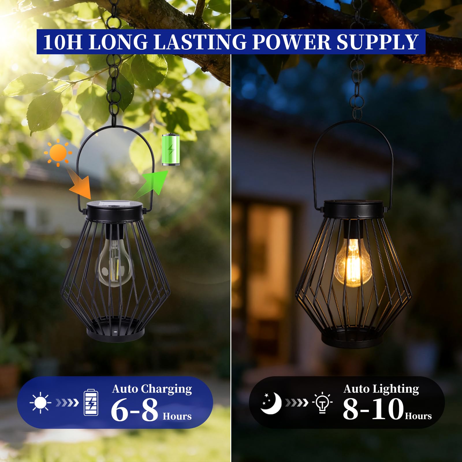 Solarlaterne für den Außenbereich, solarbetriebene Metallleuchte mit Griff, 2 Packungen, wasserdicht, kabellos, warm, Retro-Leuchtmittel, Design-Lampe für Hof, Garten, Terrasse, Zaun,