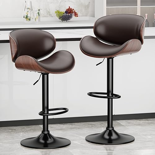 Aowos Adjustable Swivel Bar Stools Set of 2, Mid-Century Modern PU Leather Upholstered Counter Height Bar Stool, Kitchen Island Barstoosl with Back Brown