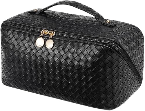 Miniatura 1 de EACHY Bolsa de maquillaje de viaje, bolsa de cosméticos de gran capacidad para mujeres, bolsa portátil impermeable, bolsa de aseo plana abierta,