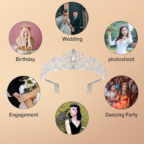 Miniatura 6 de Tiaras y coronas plateadas para mujeres y niñas, coronas de reina de cumpleaños de cristal con peine de diamantes de imitación, tiara de princesa,