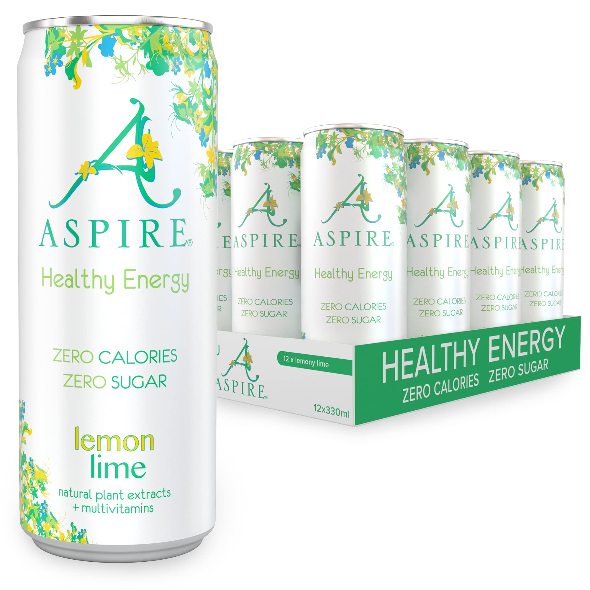 Healthy Energy Drink – 12 x 330ml Cans – Zero Calories & Zero Sugar – Natural Plant Based Caffeine & Multivitamins - Vegan & Gluten Free (Lemon/Lime)