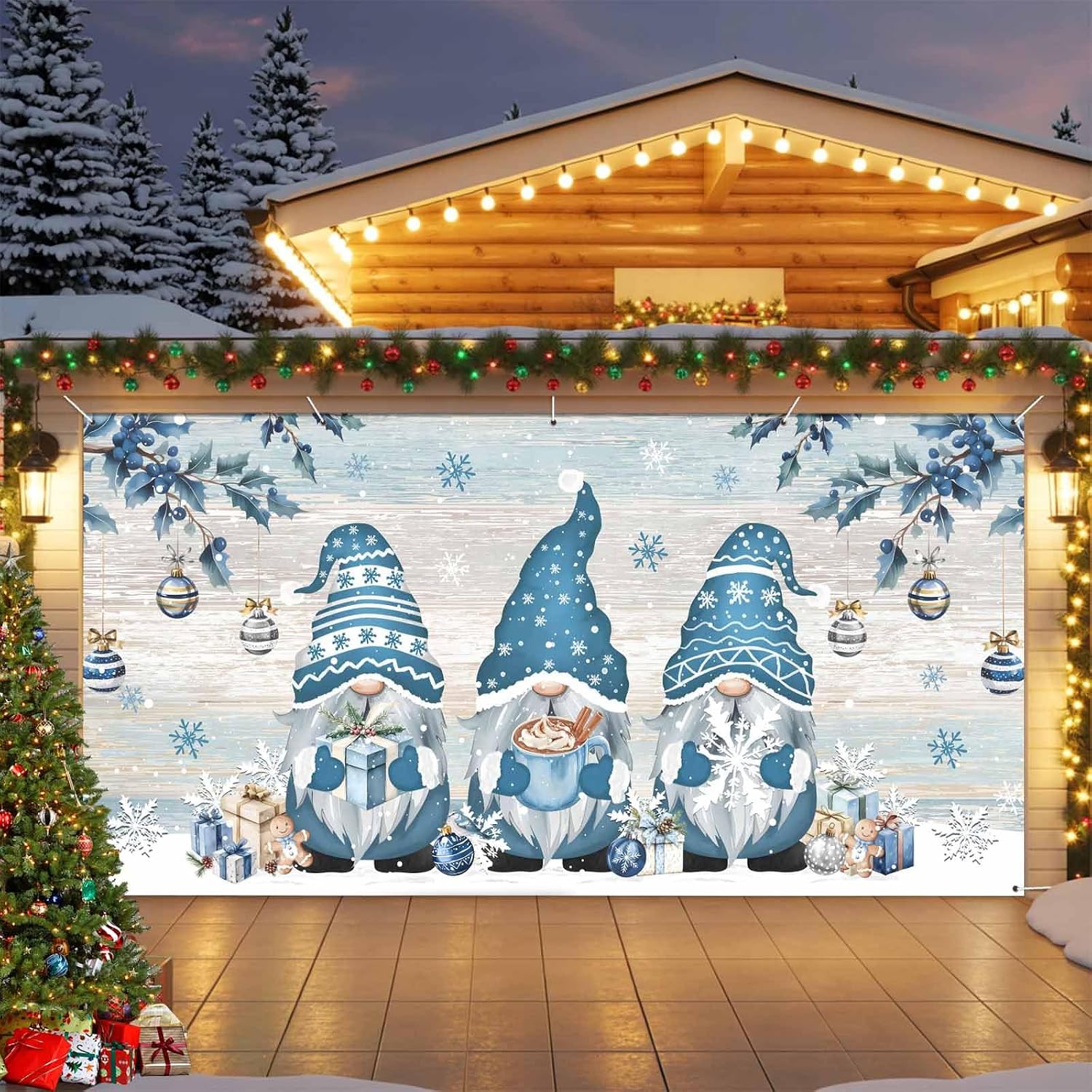 Blue Gnomes Christmas Garage Door Banner Cover, Hanging Garage Door Decorations, Xmas Balls Tree Snowflake Vintage Holiday Garage Door Covers Backdrop for Party Indoor Outdoor Decor 7x8Ft