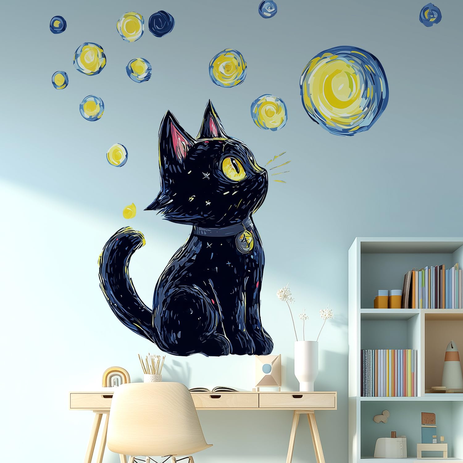 Vepret Black+Yellow Large Black Cat Wall Decals - Peel And Stick Removable Whimsical Cartoon Cat On Starry Night With Moon, Playful Vinyl Art For Nursery, Kids Room, Bedroom, Living Room & Playroom