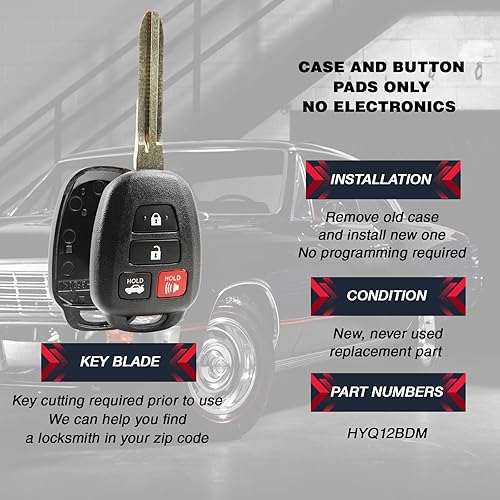 Miniatura 4 de Carcasa de llavero compatible con Toyota Camry 2012-2017 Toyota Corolla RAV4 Highlander 2014-2017, carcasa de control remoto de entrada sin llave