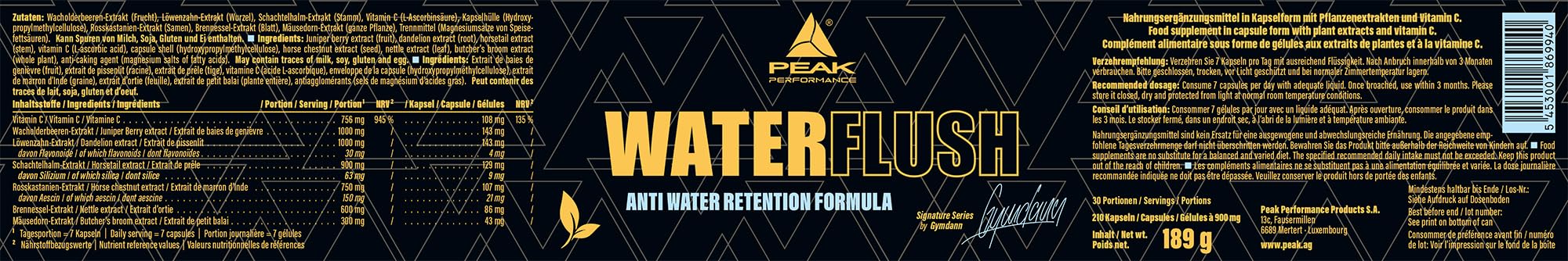 PEAK WaterFlush – 210 Kapseln I 30 Portionen I zur Entwässerung I mit Wacholder-, Löwenzahn-, Schachtelhalm-, Rosskastanien-, Brennnessel- und Mäusedorn Extrakt I Anti-Water-Retention Formula