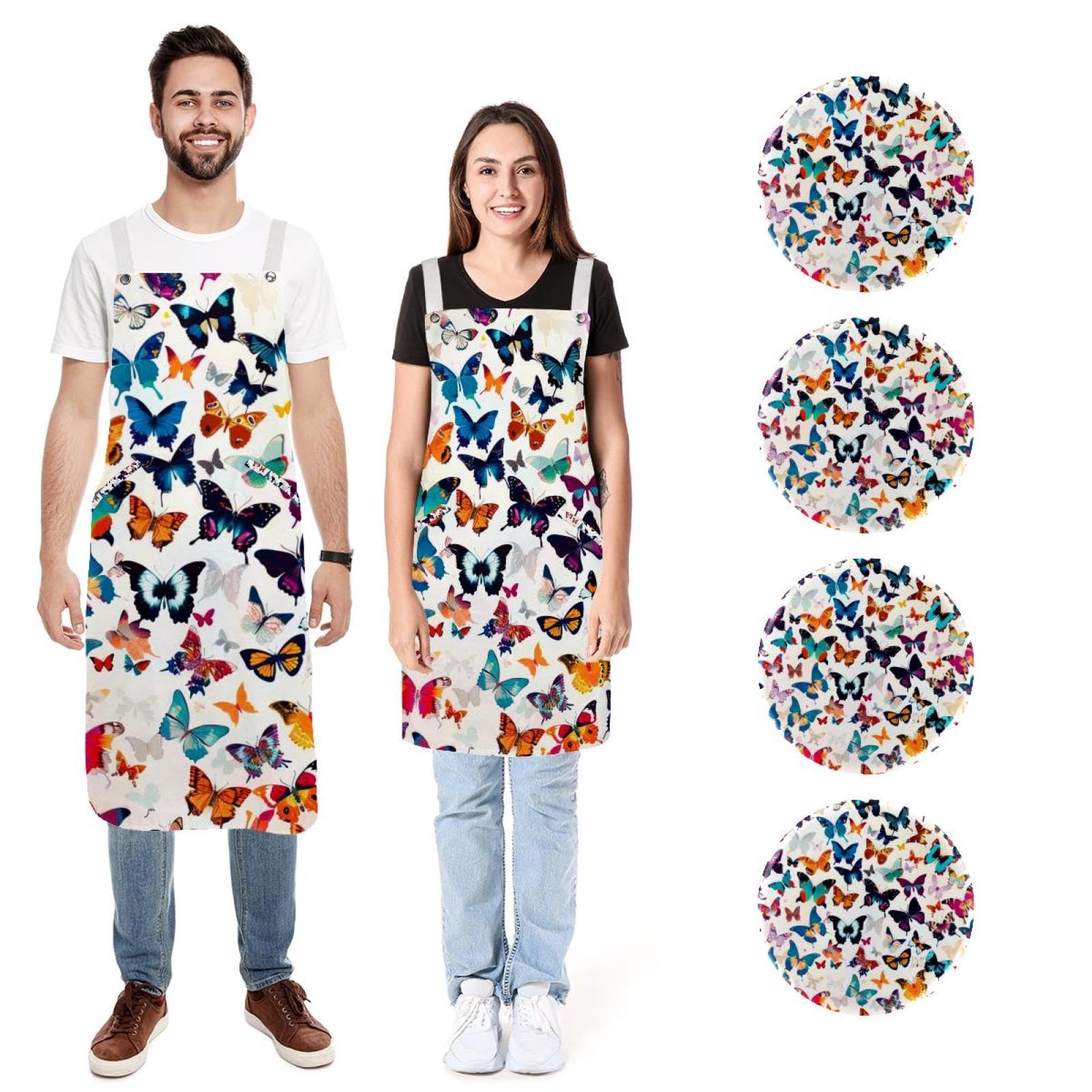 Lot de 2 tabliers de cuisine avec 2 grandes poches pour homme et femme Motif papillons, Art Multi Papillons, L:26.2x34.6in/66.5x88cm;M:26.2x26.6in/66.5x67.5cm