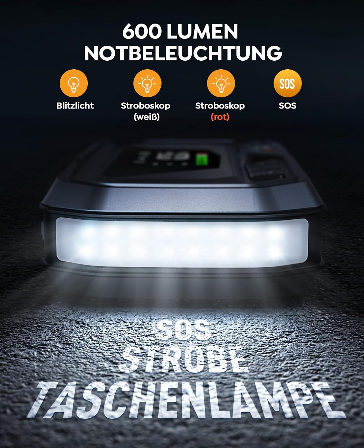 YaberAuto YA90 Jump Starter's 600 lumen emergency light in operation, showing different modes