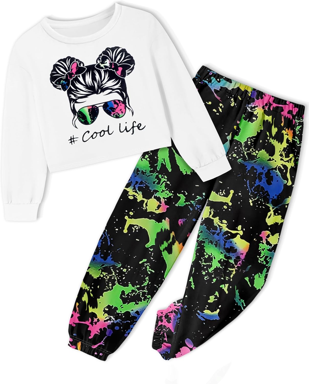 CRISONE Girl Outfits Long Sleeve Printed Crop Tops + Camouflage Pants 2pcs Fall Winter Clothes Set