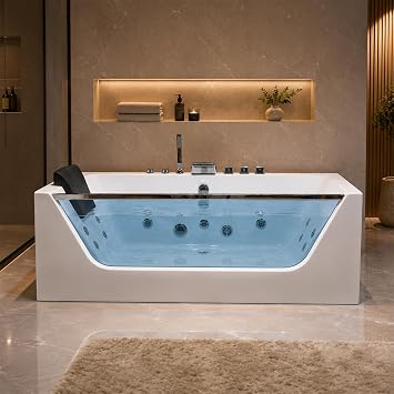 67 Whirlpool Tub, Hydro Massage Bathtub with 9 Water Jets, SPA Bathtub with Waterfall, Whirlpool Tub with Center Drain, Chromatherapy, cPUC Certified