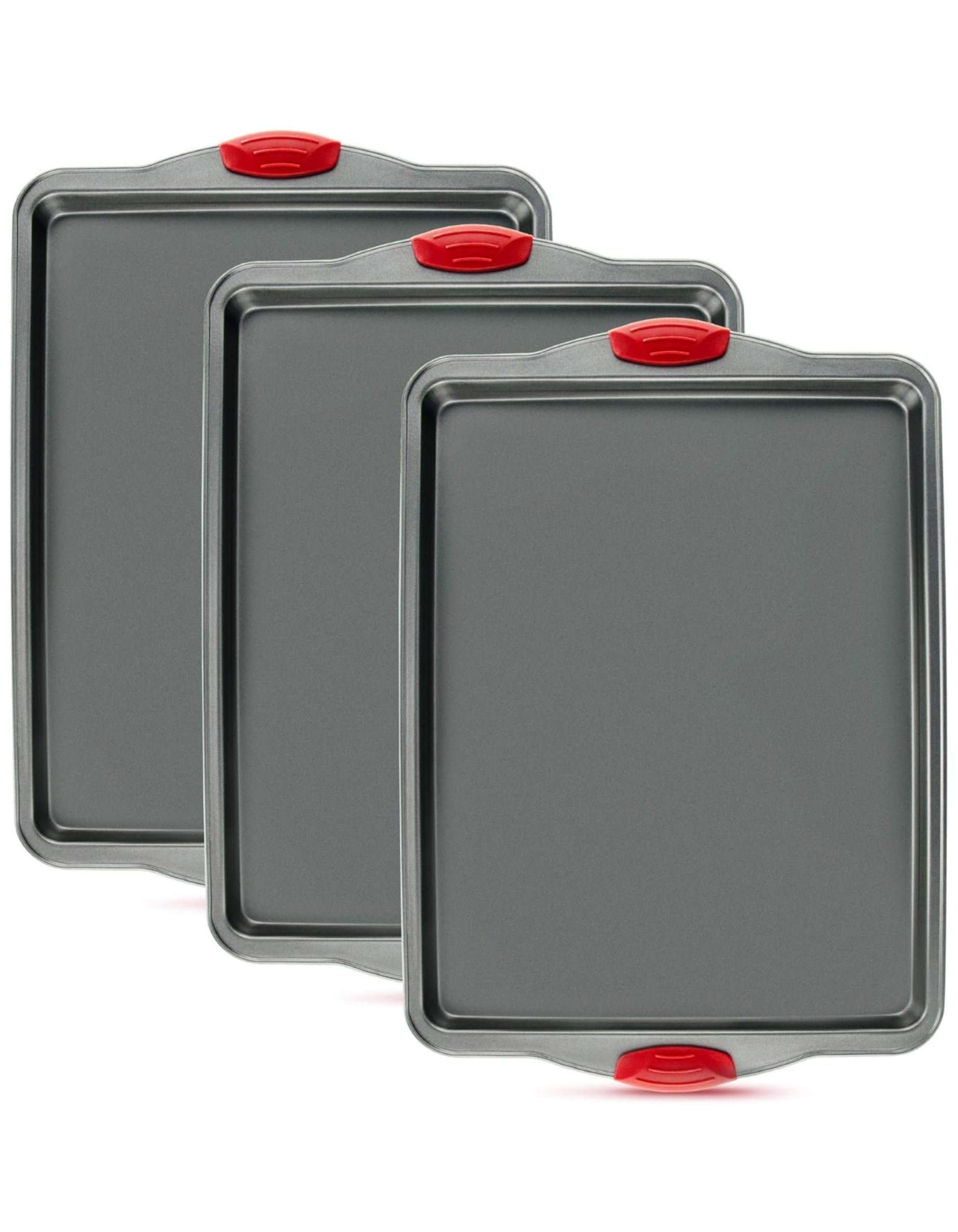 Bandejas Horno Antiadherentes Juego 3 Piezas - Bandejas de Horno para Hornear de Acero al Carbono Resistentes a Deformaciones y Óxido, Sin PFOA, con Asas de Silicona, Aptas para Lavavajillas