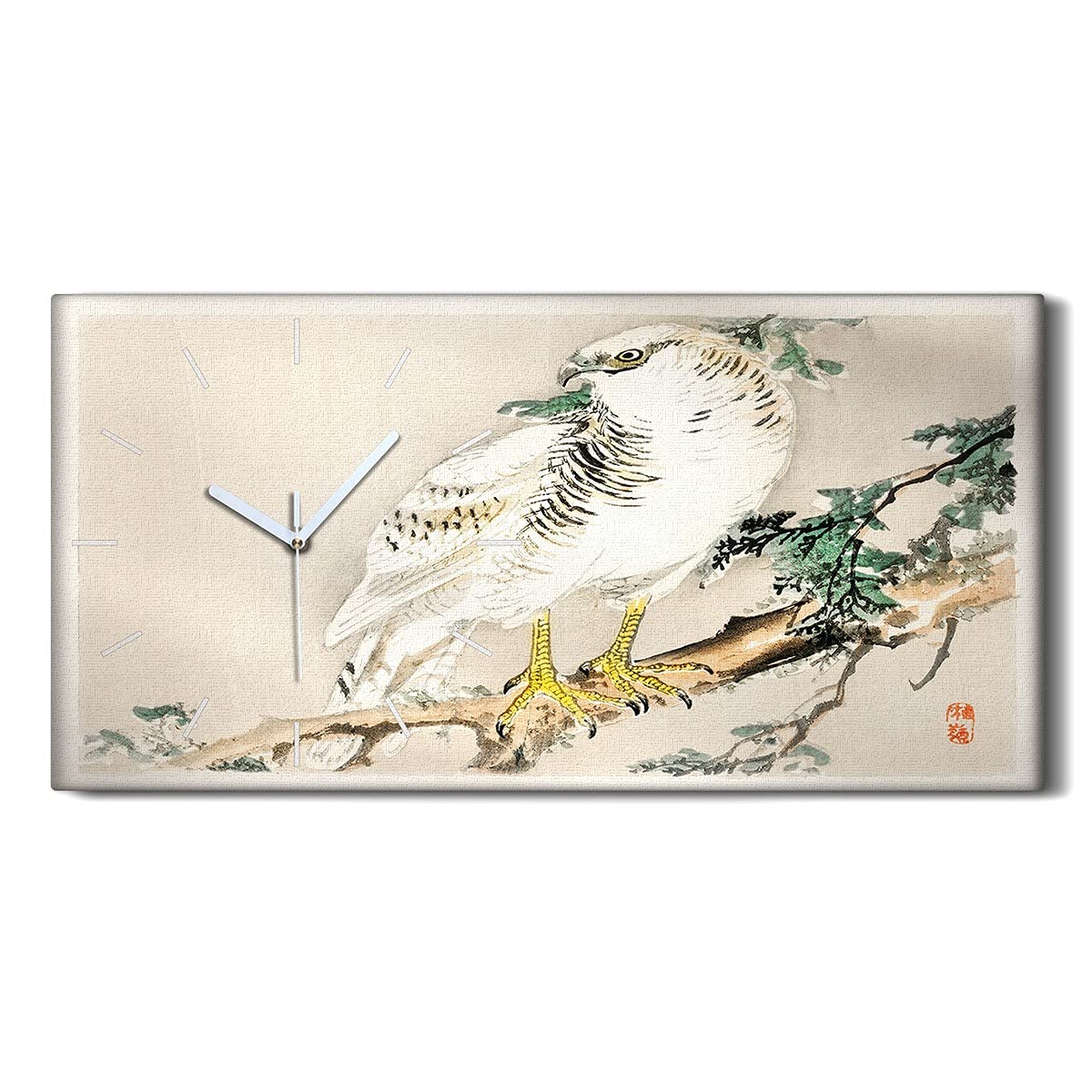 Horloge sur toile oiseau asiatique 60x30cm pour chambre zen et silencieuse