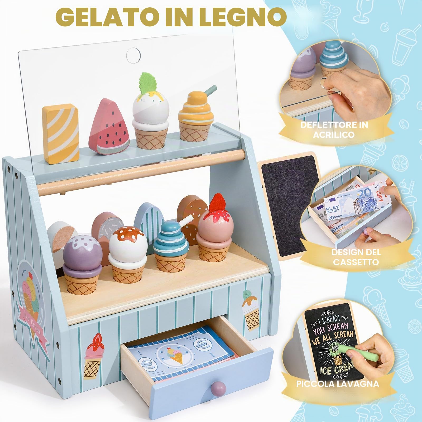 Atoylink Gelateria Giocattolo per Bambini, Giocattoli in Legno Carretto Gelati Giocattolo, Giochi Montessori per Bambini 3 4 5 Anni Regali di Compleanno Natale per Ragazzo Ragazze (Blu)