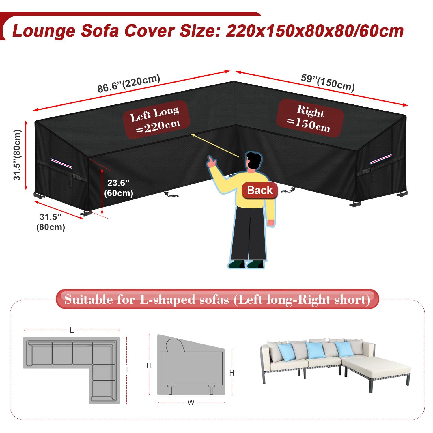 LAMUNI Housse Canapé D'angle Extérieur Bâche de Protection Salon de Jardin en L-Forme Housse de Meubles Imperméable Housses de Canapé de Jardin en 420D Tissu Oxford Étanche, 220x150x80x80/60cm