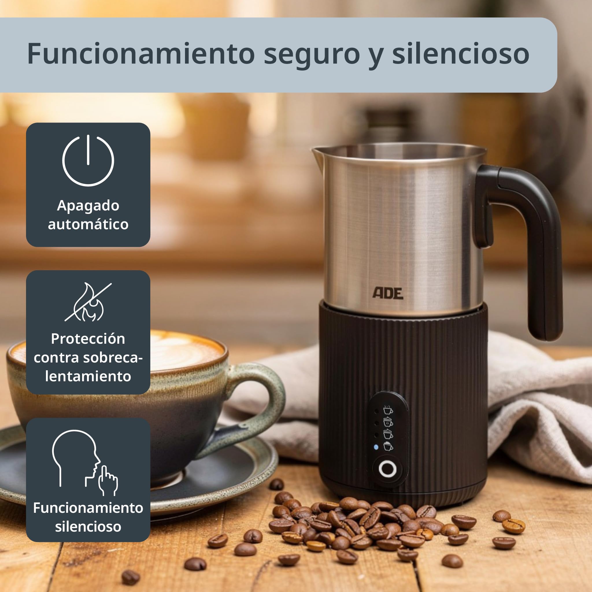 ADE Espumador de Leche Eléctrico 4en1 | para espuma de leche caliente y fría + calienta leche | recipiente inox extraíble | para capuchino, latte macchiato, café helado, cacao | 300 ml | 500 W