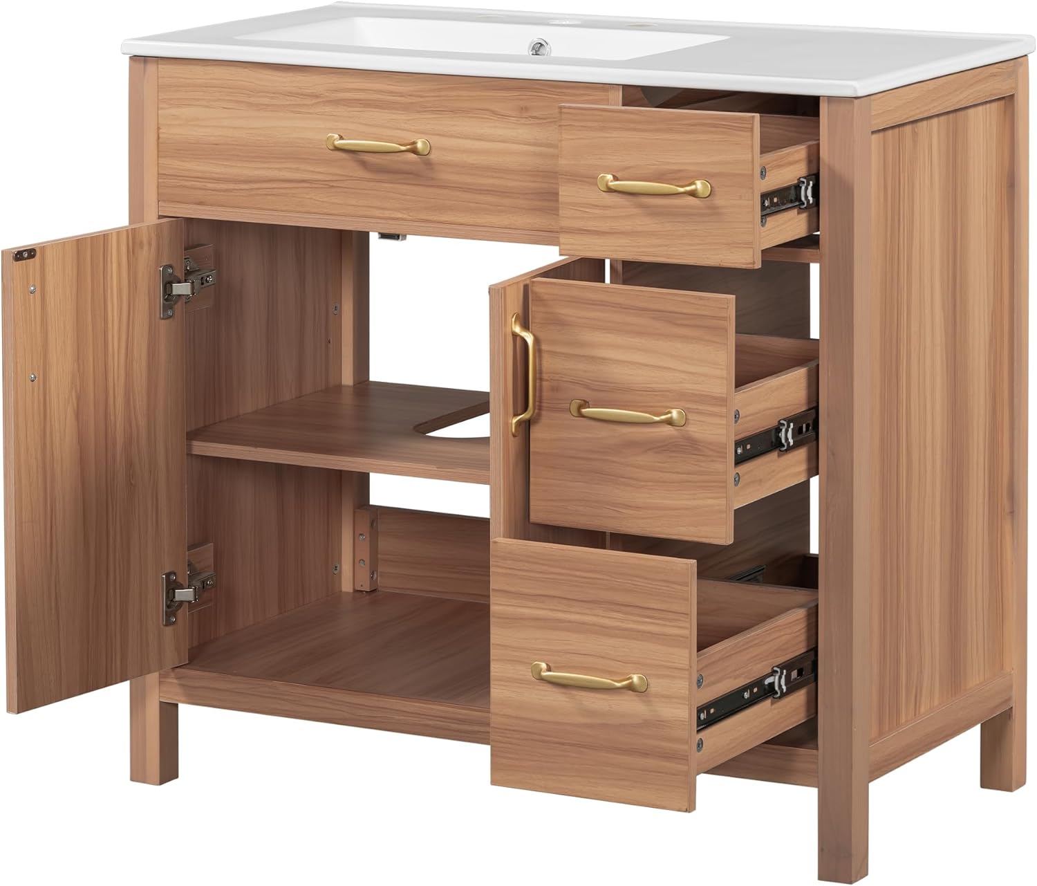 LUMISOL 36" Bathroom Vanity with Sink Combo, Modern Bathroom Storage Cabinet with 3 Drawers, 2 Doors & Adjustable Shelf, Solid Wood Bathroom Vanity with Offset Ceramic Sink, Natural