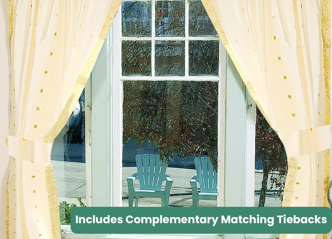 Handcrafted Cream Indian Sari Curtains, Tiebacks Included Lined Tie Top Sari Sheer Curtains, 43" W x 24" L, Privacy & Insulation for Living Rooms, Bedrooms, and Dining Rooms, Sold in Pairs