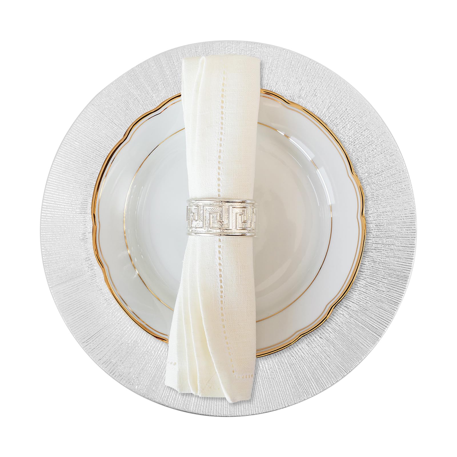 WsrrLun 100 PCS Charger Plates Bulk, 12.99in Stackable Round Dinner Chargers for Weddings Restaurants Events Banquets Table Decor (Silver)