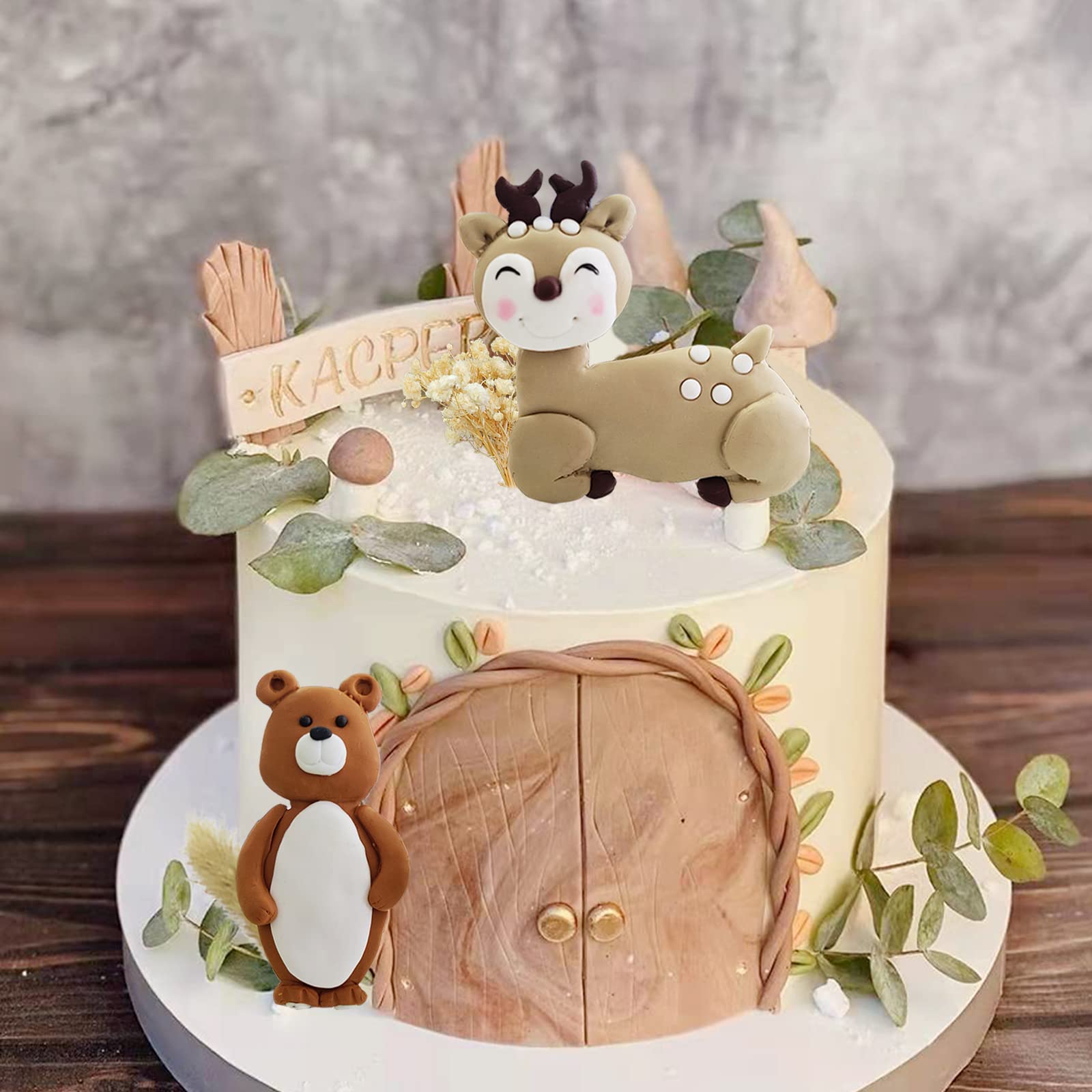 Woodland Cake Topper (set of 2), Ceramic Bear Figurine, Birthday Cake