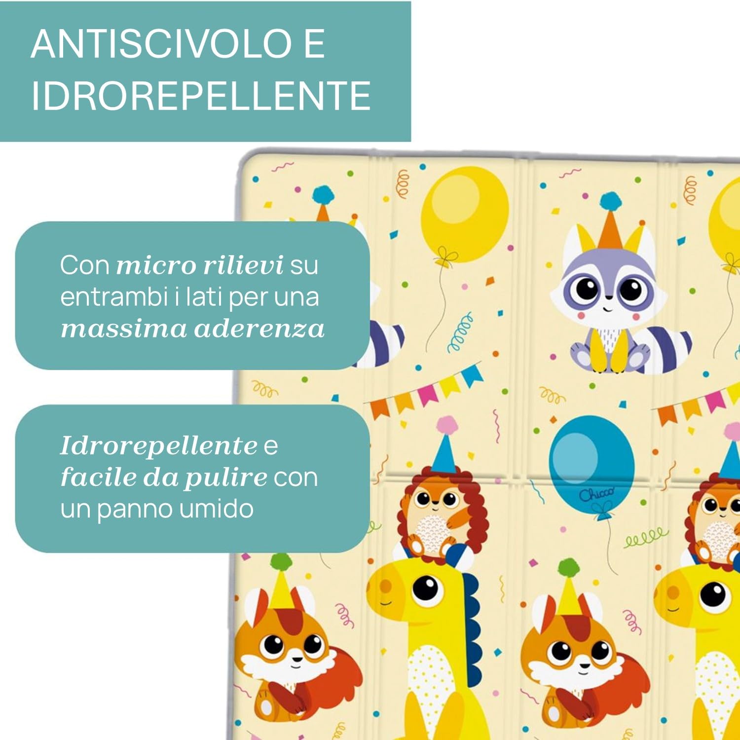 Chicco Tappeto Gioco 2in1 200x180 cm Extra Spessore 1.3 cm Double Face Animali Paesaggio Neonato 0M+