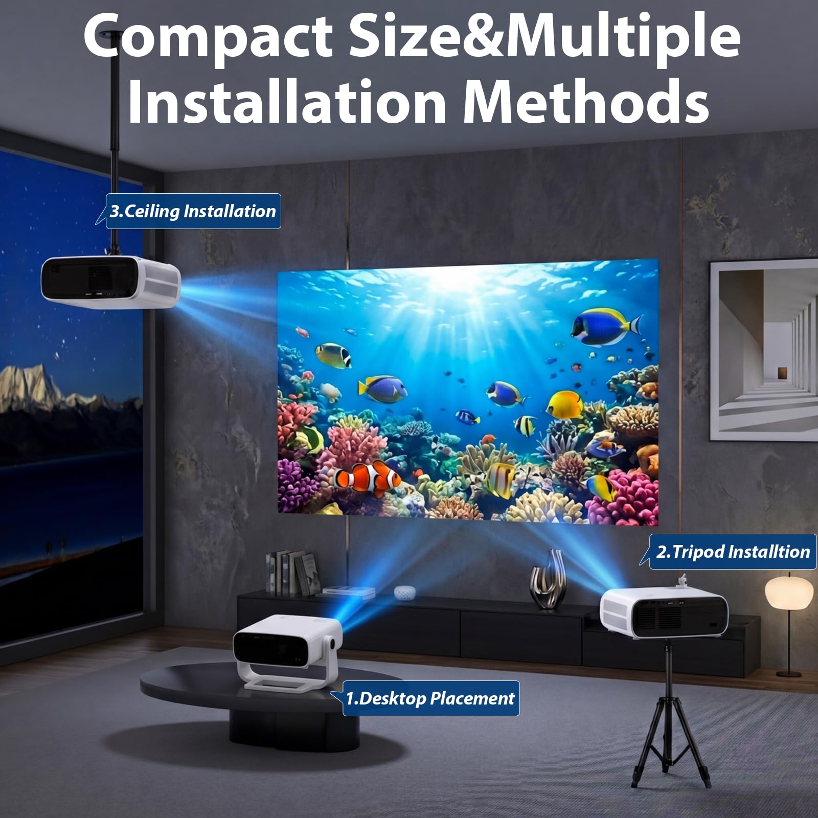 Proiettore smart 2025 con TV Android con WiFi 6 e Bluetooth 5 - Wielio integrato 1000 + app 240 Ansi per camera da letto portatile mini proiettore per film supporto 4K/1080P, chiave e zoom auto