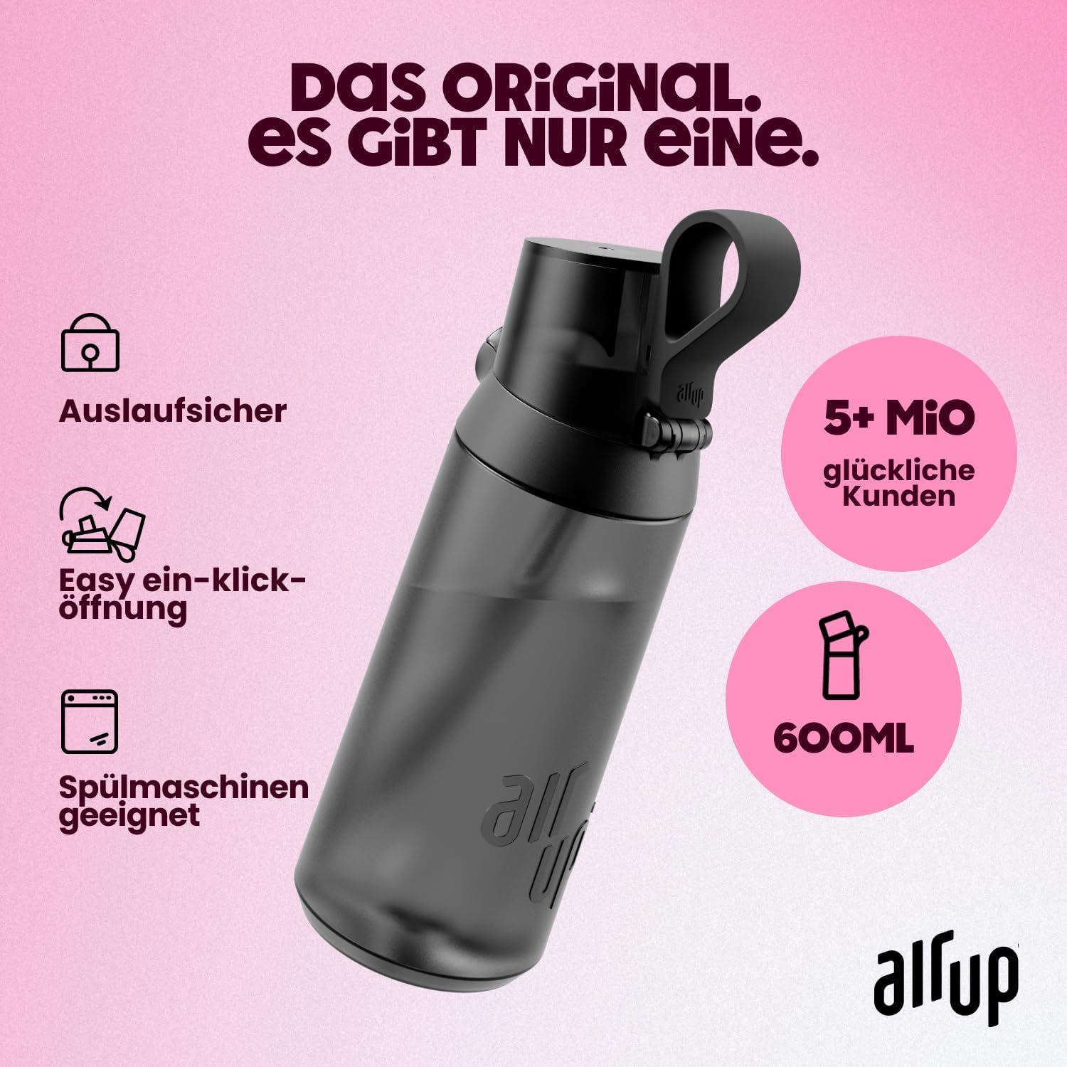 air up Click Trinkflasche Midnight Black 600 ml - Starter-Pack mit 5 Kapseln, Strohhalmbürste und Twogo-Etui in Schwarz | Zuckerfrei, BPA-frei