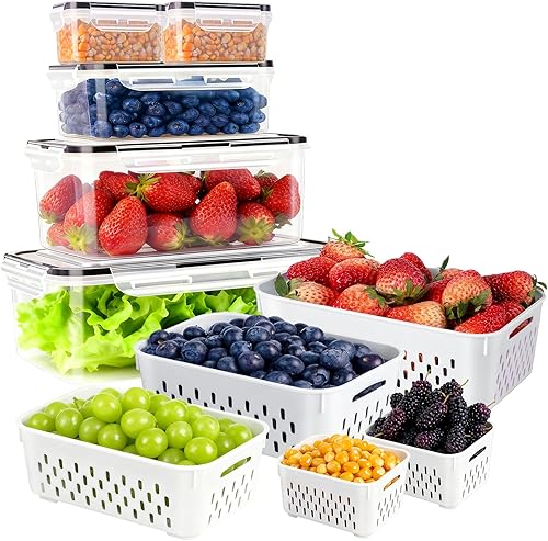 Paquete de 5 recipientes de almacenamiento de frutas para refrigerador, recipientes de almacenamiento de alimentos a prueba de fugas con colador