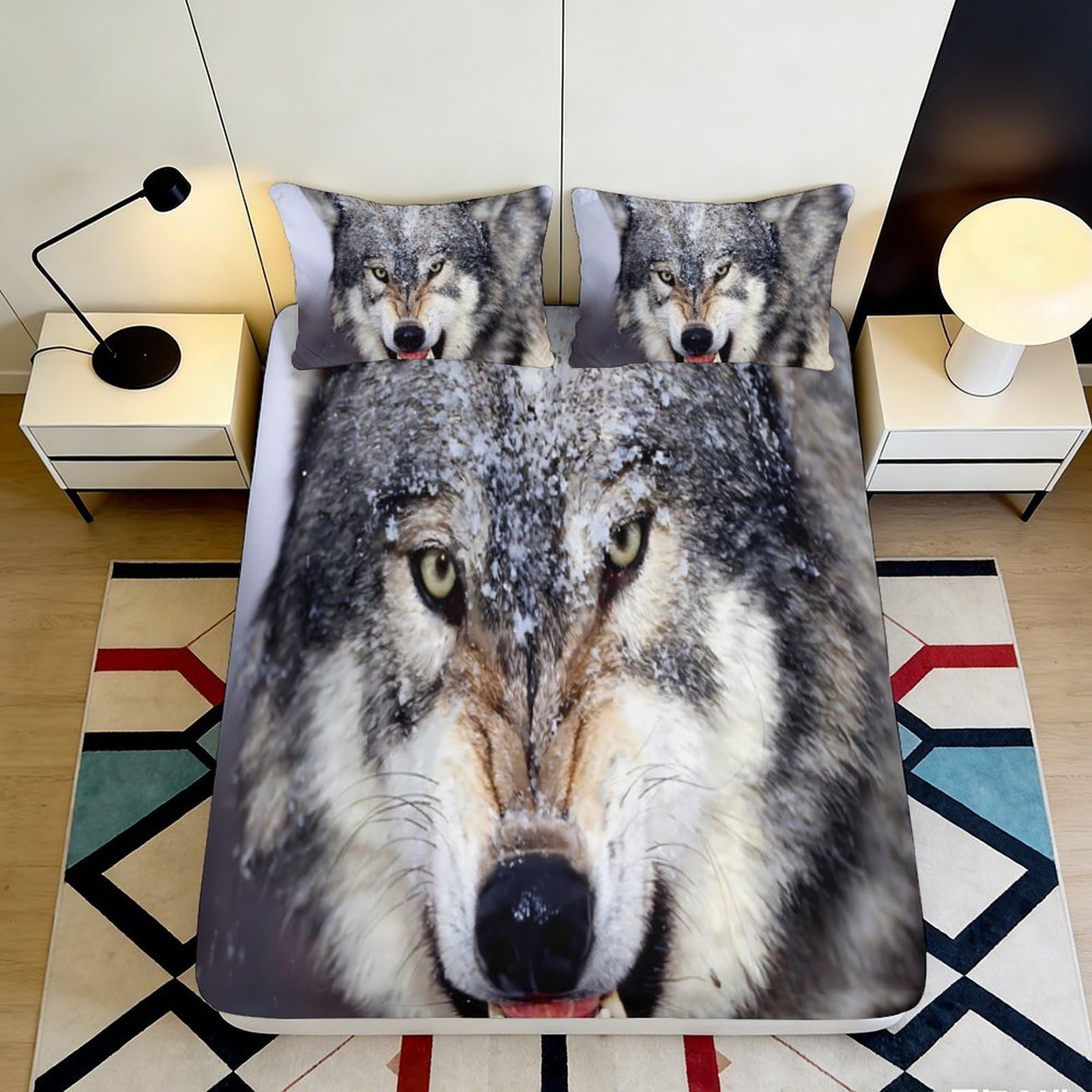 3D Printed Snow Wolf Fitted Sheet Microfiber Soft Breathable Forest Night Mattress Cover for Bedroom Dorm Decor 90x200x25cm