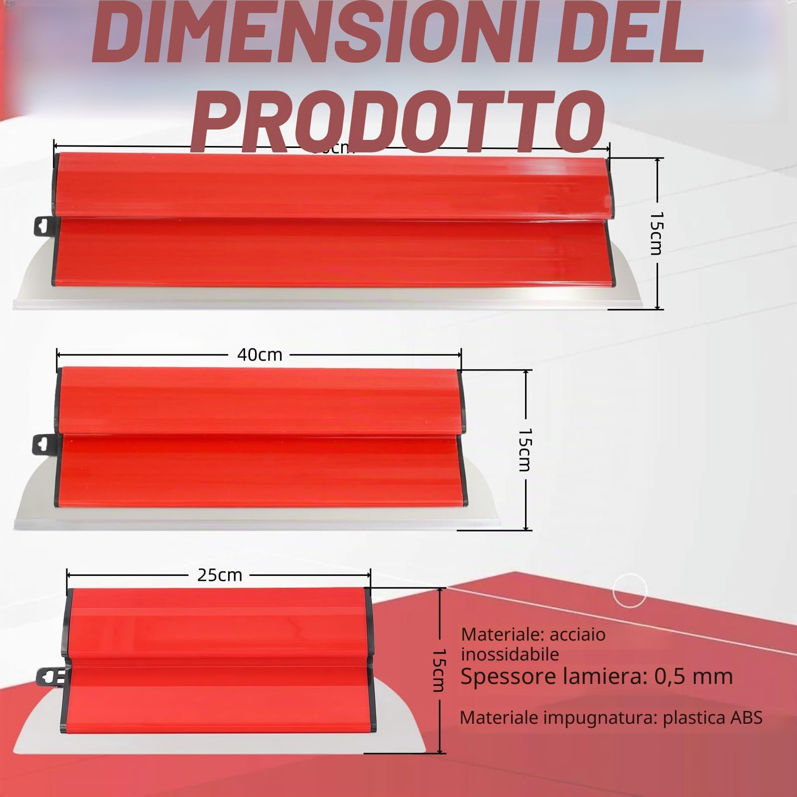 Set di 3 raschietti in acciaio inox (25 + 40 + 60 cm), spatola lisciante professionale per intonacatura, stucco e intonacatura