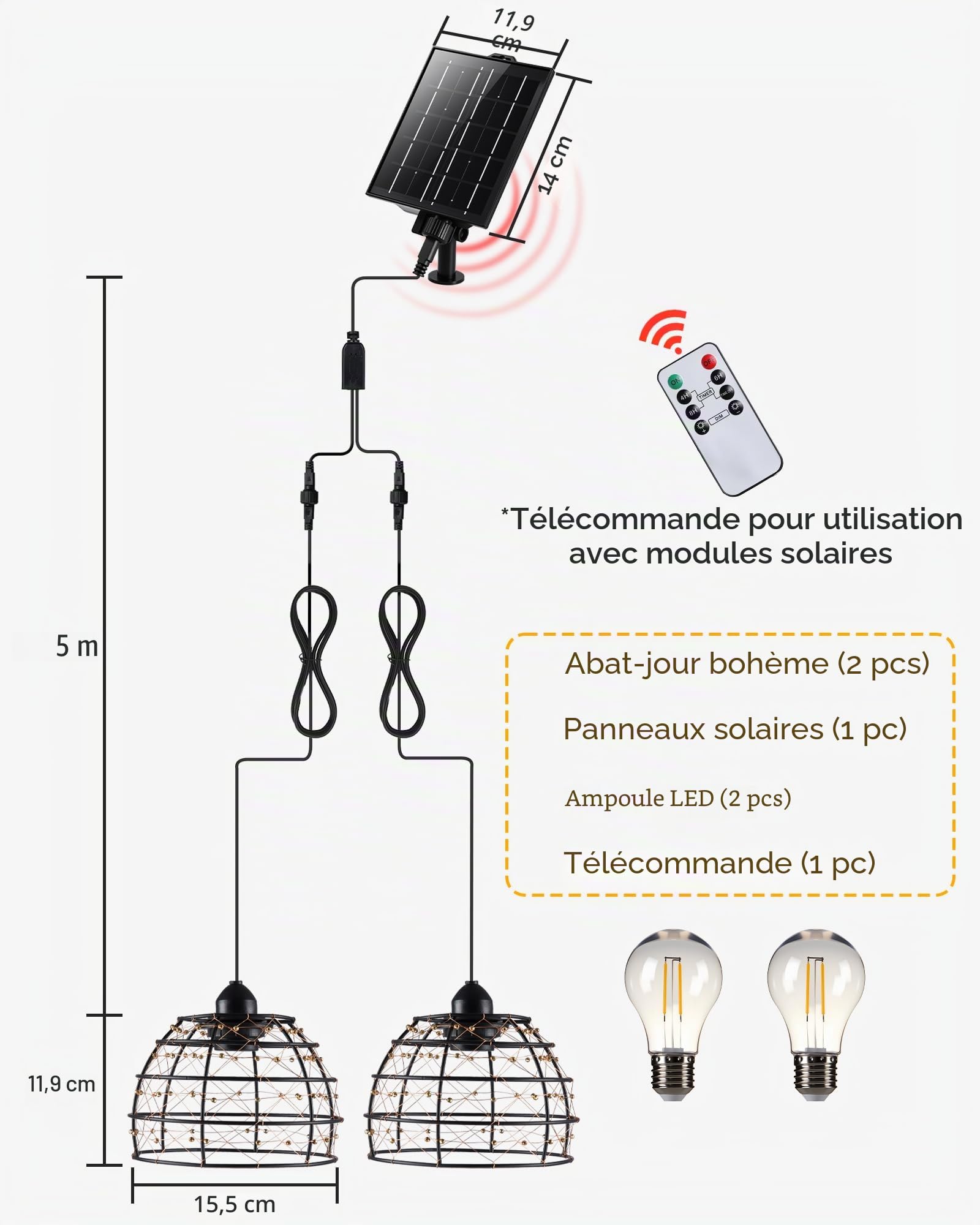 Lampe Solaire Intérieur Extérieur Bohème 2 Suspensions avec Télécommande IP65
