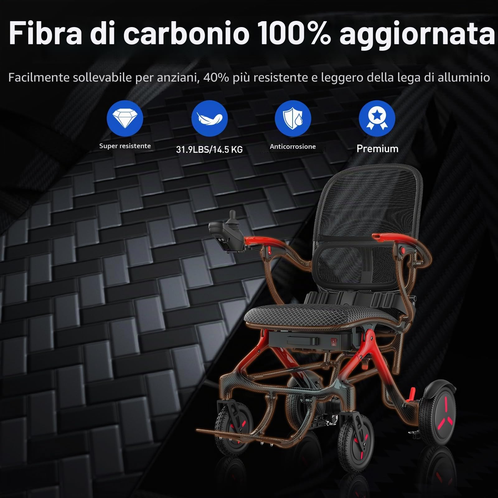 Sedia a rotelle elettrica pieghevole leggera carbonio: 25 Chilometro sedia a rotelle elettrica con pneumatici antiforatura - sedia a rotelle elettrica con schienale traspirante fino a 150 kg