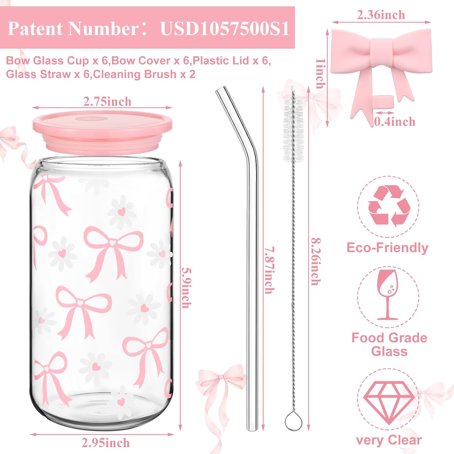 Skylety 2 Pcs Pink Bow Glass Cups Tumbler with Lids and Straws, 16oz image 2