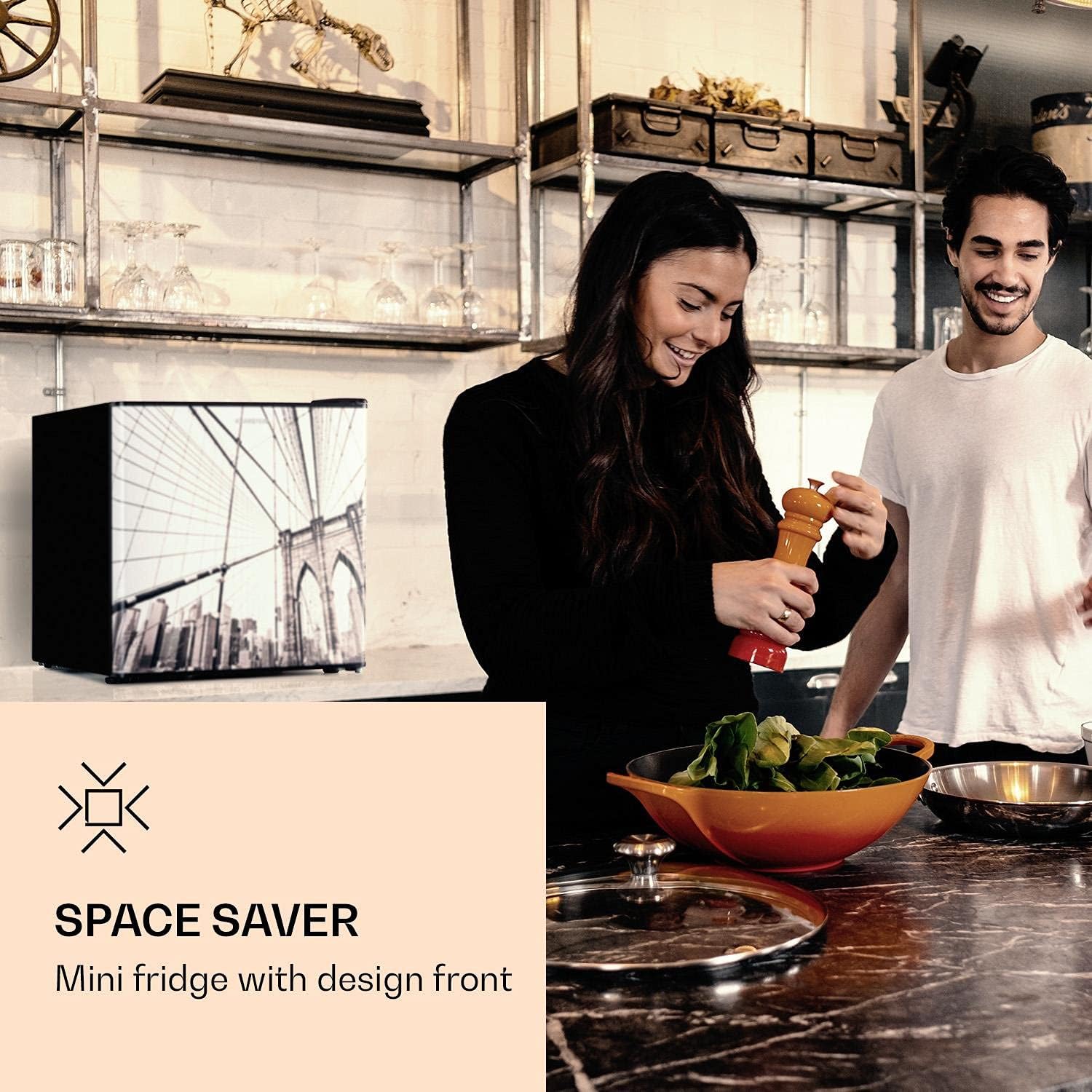 KLARSTEIN CoolArt - Combinazione di Congelatore e Frigorifero, Frigo con 2 Livelli, Design Frontale, Termostato con 5 Livelli, 0-10 °C, Volume: 45 Litri, Motivo: Grande Città