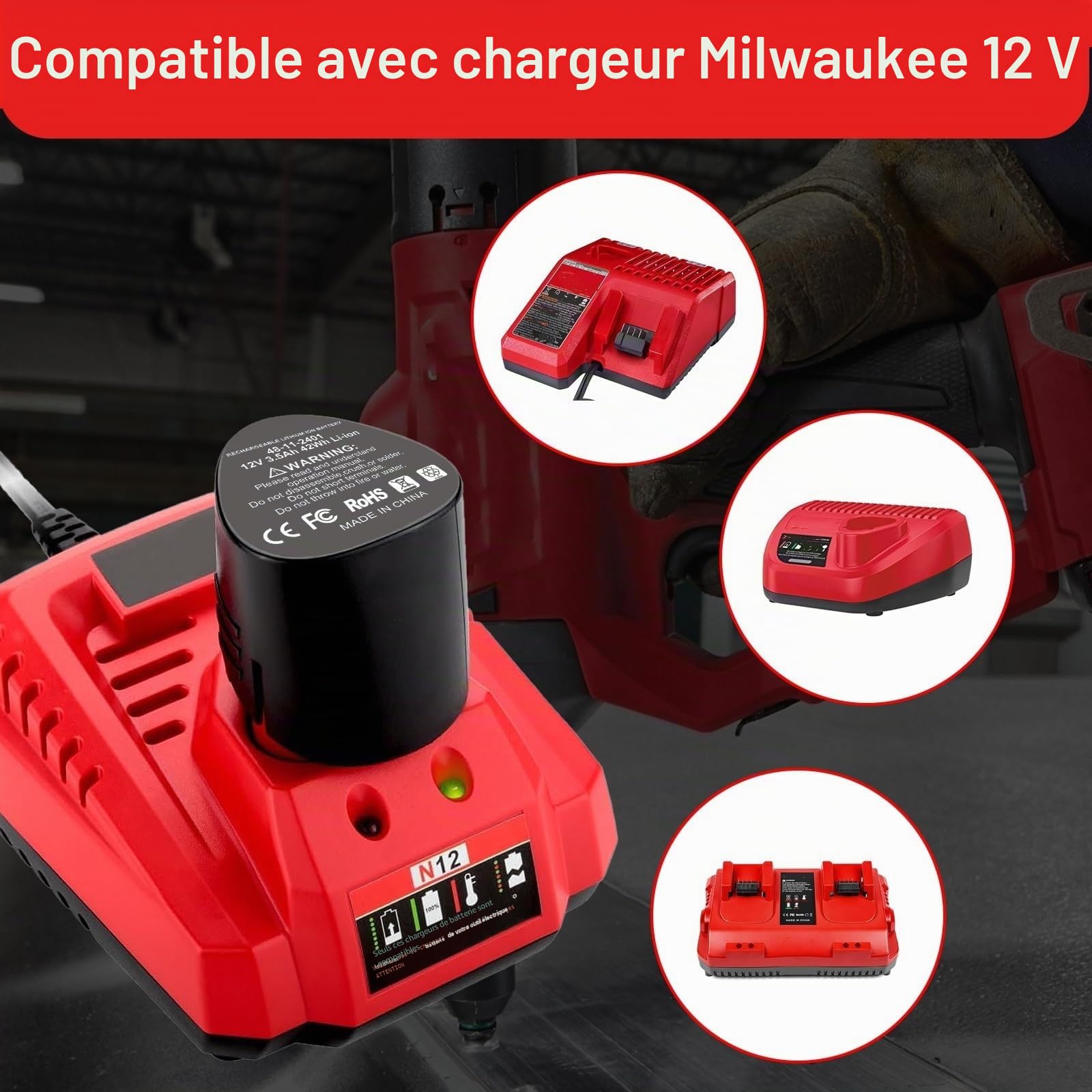 Energup 2X 12V 3.5Ah Batterie et Chargeur pour Milwaukee Batterie 12V | Chargeur Rapide Compatible avec 48-11-2411 48-11-2402 48-11-2440
